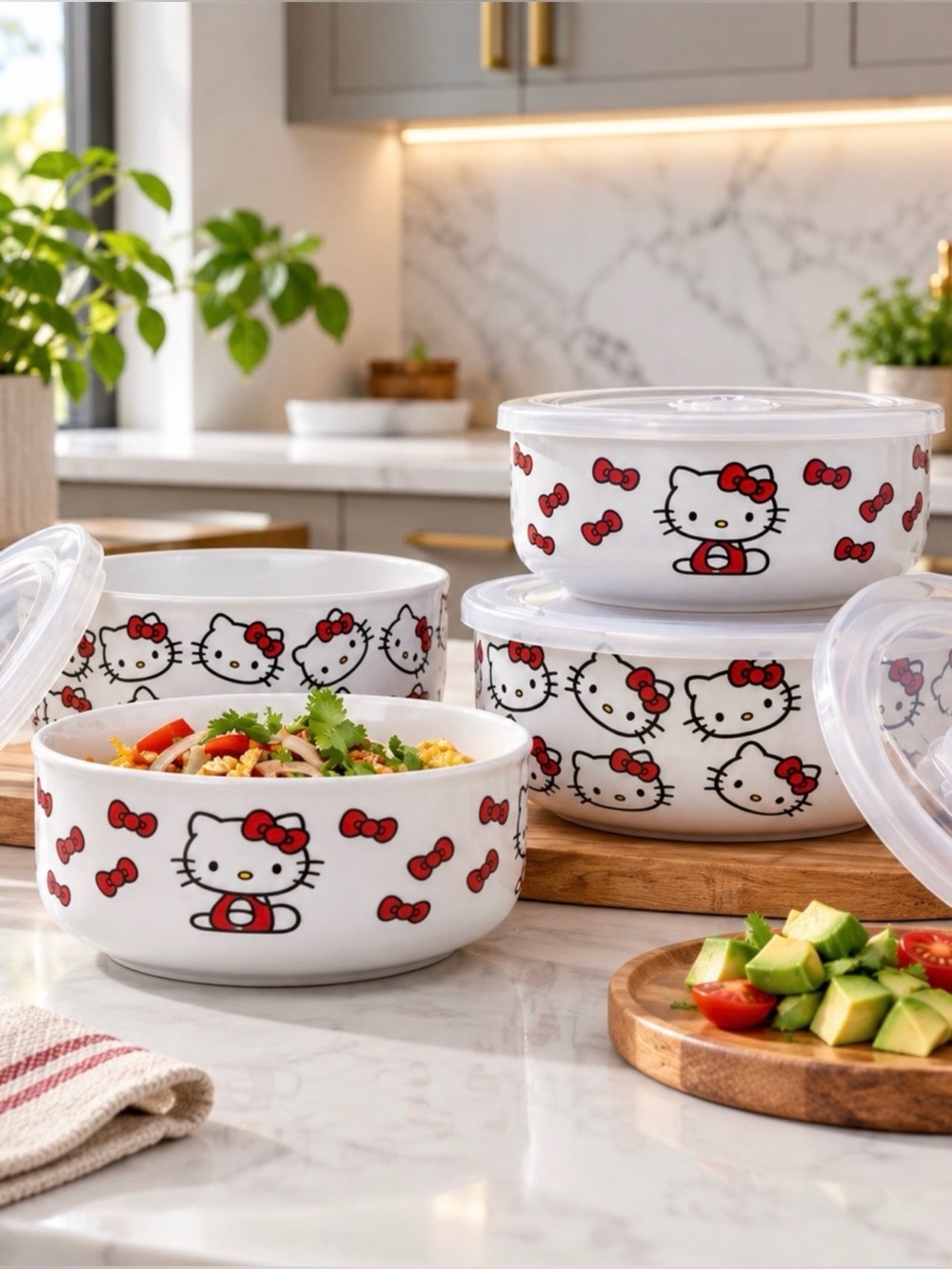 Hello Kitty 8 Piece Ceramic Food Storage set Containers Bowls & Vented Lids New